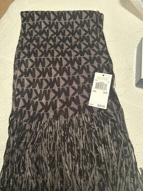 Michael Kors Black and Gray MK Logo Knit Scarf with Fringe